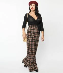 Unique Vintage Black & Beige Plaid High Waist Pants