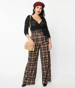 Unique Vintage Black & Beige Plaid High Waist Pants