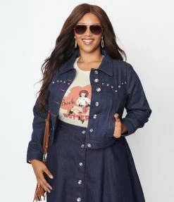 Unique Vintage Plus Size Dark Denim Western Boxy Crop Jacket Clothing