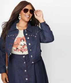 Unique Vintage Plus Size Dark Denim Western Boxy Crop Jacket Clothing