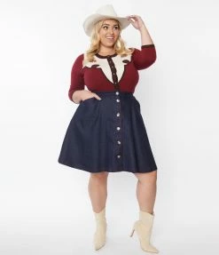 Unique Vintage Plus Size Dark Blue Denim Swing Skirt
