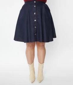 Unique Vintage Plus Size Dark Blue Denim Swing Skirt