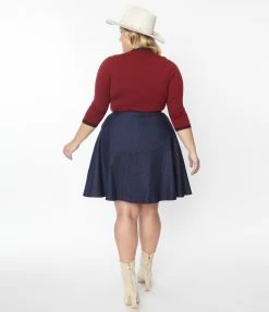 Unique Vintage Plus Size Dark Blue Denim Swing Skirt