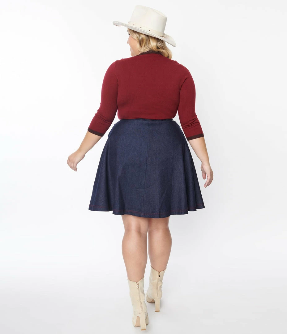Unique Vintage Plus Size Dark Blue Denim Swing Skirt