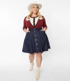 Unique Vintage Plus Size Dark Blue Denim Swing Skirt