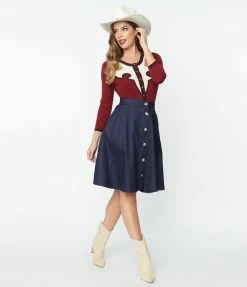 Unique Vintage Dark Denim Blue Swing Skirt