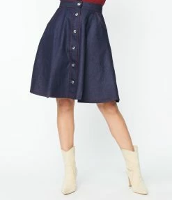 Unique Vintage Dark Denim Blue Swing Skirt