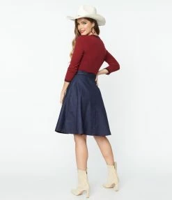 Unique Vintage Dark Denim Blue Swing Skirt