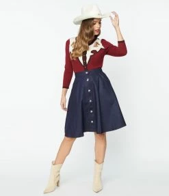 Unique Vintage Dark Denim Blue Swing Skirt