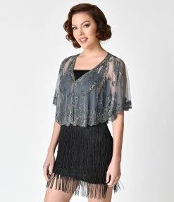 Western Fashion 1920s Style Silver Grey Beaded Sheer Mesh Capelet