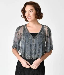 Western Fashion 1920s Style Silver Grey Beaded Sheer Mesh Capelet
