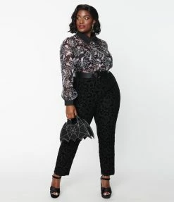Collectif Plus Size Black Halloween Flocked Pants Clothing