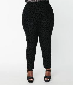 Collectif Plus Size Black Halloween Flocked Pants Clothing