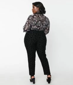 Collectif Plus Size Black Halloween Flocked Pants Clothing