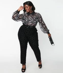 Collectif Plus Size Black Halloween Flocked Pants Clothing