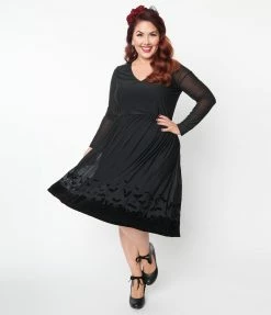 Collectif Plus Size Black Mesh Bat Border Swing Dress Sale