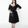 Unique Vintage Plus Size Black Velvet Lamar Swing Dress