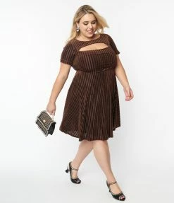 Unique Vintage Plus Size Brown Zig Zag Velvet Swing Dress New Arrivals!
