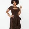 New Arrivals! Unique Vintage Brown Zig Zag Velvet Swing Dress