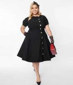 New Arrivals! Unique Vintage Plus Size Black Button Swing Dress