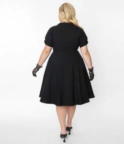 New Arrivals! Unique Vintage Plus Size Black Button Swing Dress