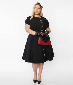 New Arrivals! Unique Vintage Plus Size Black Button Swing Dress