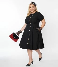 New Arrivals! Unique Vintage Plus Size Black Button Swing Dress