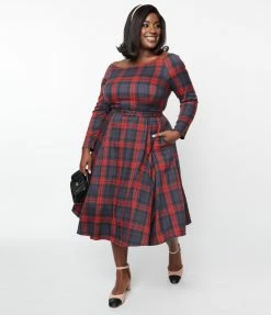 Collectif Plus Size Smoky Burgundy Plaid Meg Swing Dress