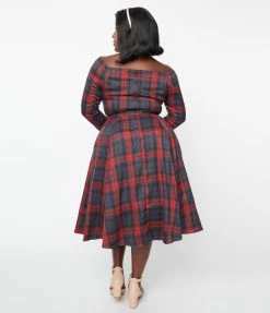 Collectif Plus Size Smoky Burgundy Plaid Meg Swing Dress