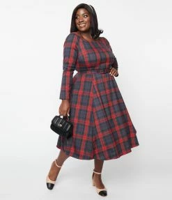 Collectif Plus Size Smoky Burgundy Plaid Meg Swing Dress