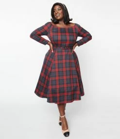 Collectif Plus Size Smoky Burgundy Plaid Meg Swing Dress