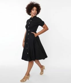 Unique Vintage Black Button Swing Dress New Arrivals!