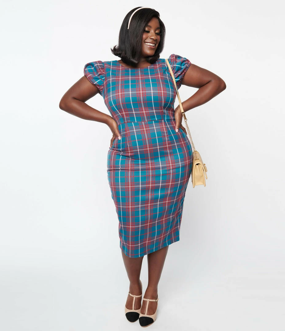 Collectif Plus Size Red & Green Plaid Demira Pencil Dress