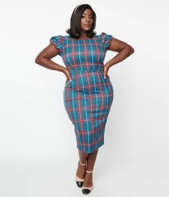 Collectif Plus Size Red & Green Plaid Demira Pencil Dress