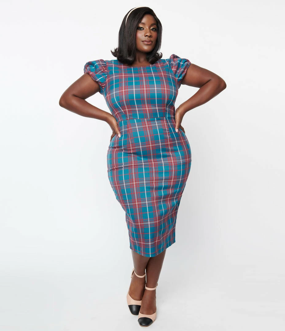 Collectif Plus Size Red & Green Plaid Demira Pencil Dress