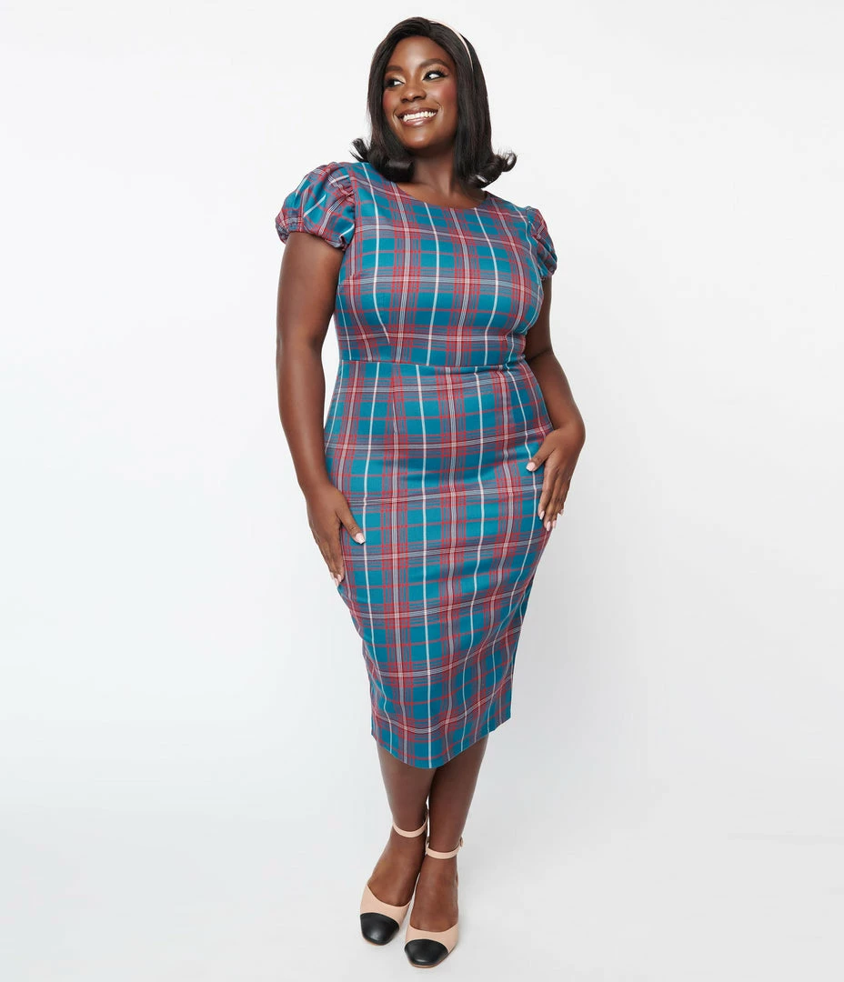 Collectif Plus Size Red & Green Plaid Demira Pencil Dress