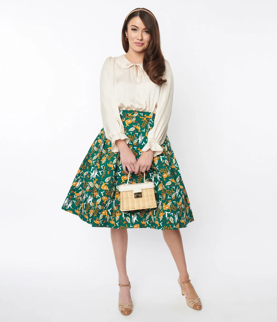 Collectif Green Deer & Geese Print Marilu Swing Skirt