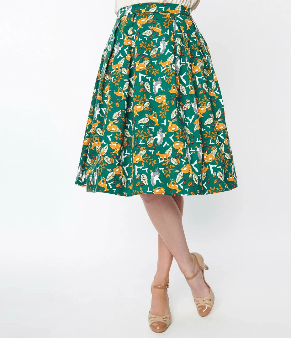 Collectif Green Deer & Geese Print Marilu Swing Skirt