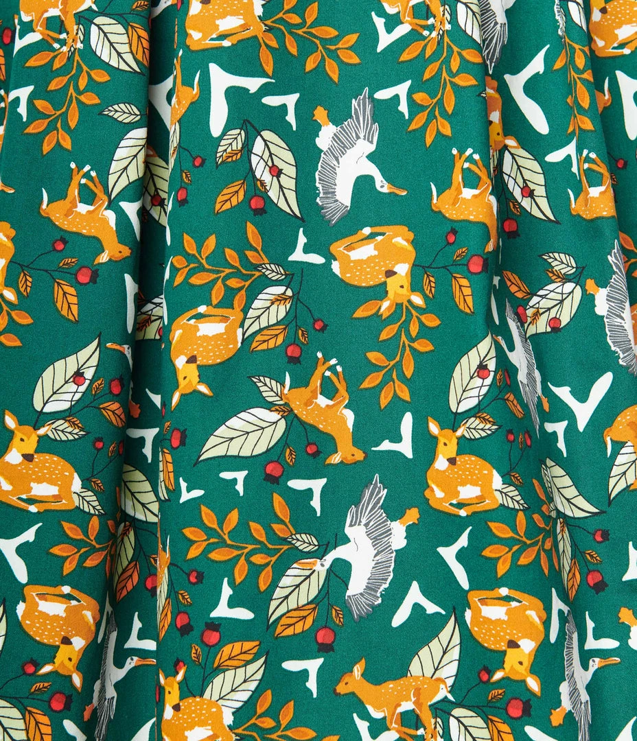 Collectif Green Deer & Geese Print Marilu Swing Skirt