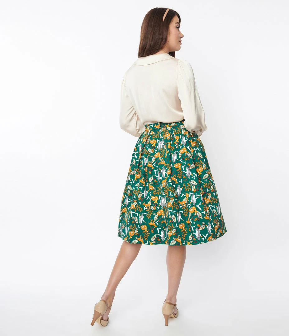 Collectif Green Deer & Geese Print Marilu Swing Skirt