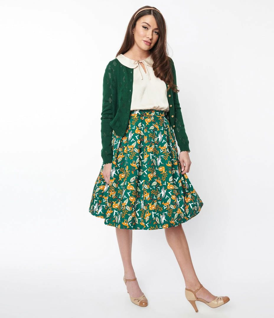 Collectif Green Deer & Geese Print Marilu Swing Skirt