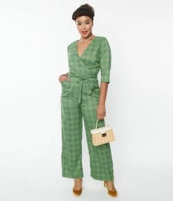 New Arrivals! Collectif Green Leaf Plaid Florina Jumpsuit