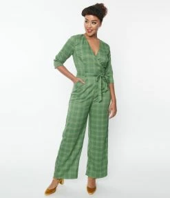 New Arrivals! Collectif Green Leaf Plaid Florina Jumpsuit