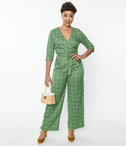 New Arrivals! Collectif Green Leaf Plaid Florina Jumpsuit