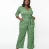 Collectif Plus Size Green Leaf Plaid Florina Jumpsuit