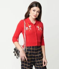 Collectif Red Carousel Embroidered Halette Cardigan New Arrivals!