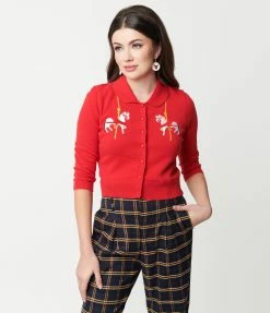 Collectif Red Carousel Embroidered Halette Cardigan New Arrivals!