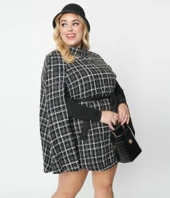 New Arrivals! Smak Parlour Plus Size Black & White Tweed Plaid Savile Row Cape Coat