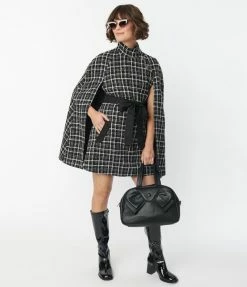 Trending Smak Parlour Black & White Tweed Plaid Savile Row Cape Coat