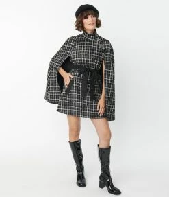 Trending Smak Parlour Black & White Tweed Plaid Savile Row Cape Coat
